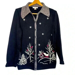 Christopher & Banks Black cardinal red barn themed embroidered sweater SZ-M
